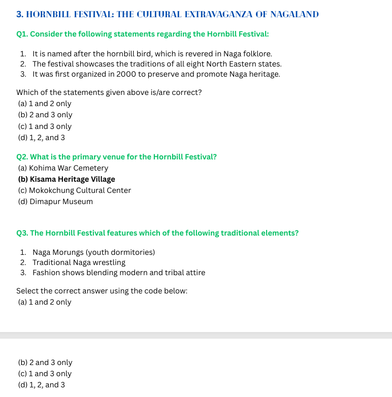 Hornbill festival Nagaland mcq with answers.